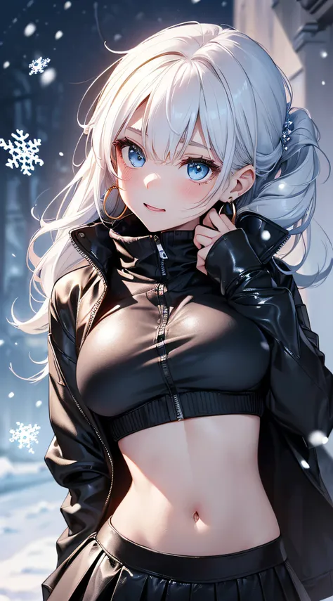 top-quality、Top image quality、​masterpiece、girl with((Black Leather Sports Bra、black rollout jacket、Black leather skirt、sixteen years old、teen ager、cute little、Best Bust、big bast,Beautiful light blue eyes、Breasts wide open, a blond、A slender,Large valleys、...