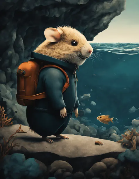 jon klassen style , peculiarity, inked-art, side view，scenography，very unified cg design，（cute hamster diving），put on a wetsuit ...