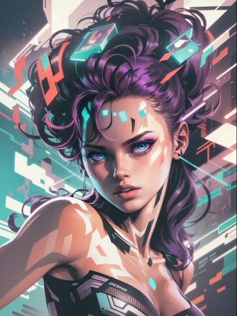 graphic design t-shirt, flat design, futuristic cyberpunk, girl in mix of tones,perfect body, goddess, shining skin, topless, sexy body, topless, flashing tits, natural tits, metal skin, laser beams, purple emissive eyes, colorful tones, clean highly detai...