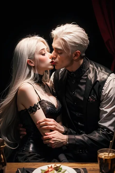 a white haired vampire man kissing a oriental gothic woman with long black hair,