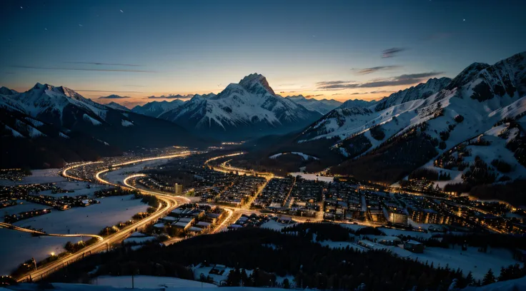 A beautiful winter mountain city landscape by night