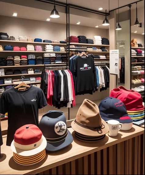 good lighting store with garments, variety of tshirts, mugs, hats, pants, attractive store, hyper realistic ar-- 16:9 --auto --s2