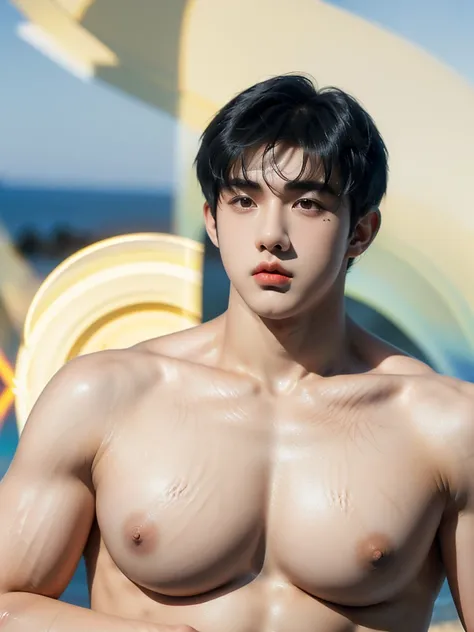 ,(caustics:1.5 )
(beach:1.3),
(1 boy:2.5),Cai Xukun,17-year-old boy,(thin face:1.5), (vast pecs:1.6), (round pecs:1.4), (big pecs:1.4),(micchi:1.3),(boys short hair:1.7),(straight-backed :1.5),(thick eyebrows:1.1),(naked),(waist up)

(textured bangs:1.6),s...