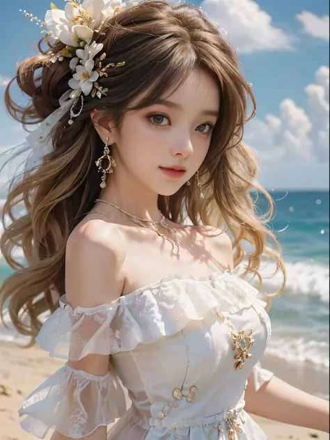 ((from side)),1 busty girl, Posing for photos, Outdoor sports, Seafront, The sky is mostly cloudy, Cross ed leg,looking at viewert, detailed scene, curlies, Air bangs, beautiful hair ornaments, Brownish-yellow hair, ((Sweet girly clothes 4,Off-the-shoulder...