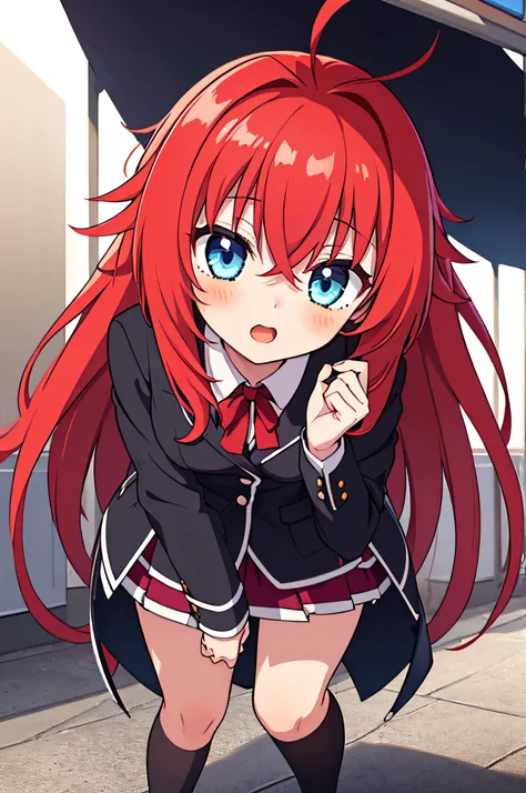 (masterpiece, best quality), 1girl, beautiful face,  rias_gremory, long hair, ahoge, hair between eyes, school uniform, pleated ...