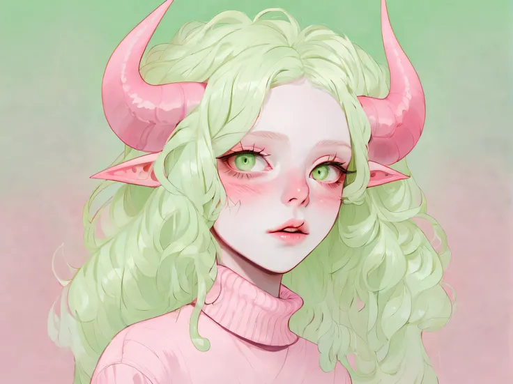 Albino demon girl standing, shot from far away, (largeeyes, Eyes are delicate and beautiful, Beautiful and delicate face, Details on the face), ( Green curls:1.3) , Pink rose background, Pink turtleneck sweater with tulle skirt, Braces, chewing gum , winki...