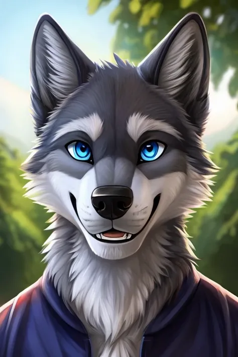 A picture of an anthropomorphic gray wolf with blue eyes who is looking at the viewer with a happy expression, wolf, anthro, male