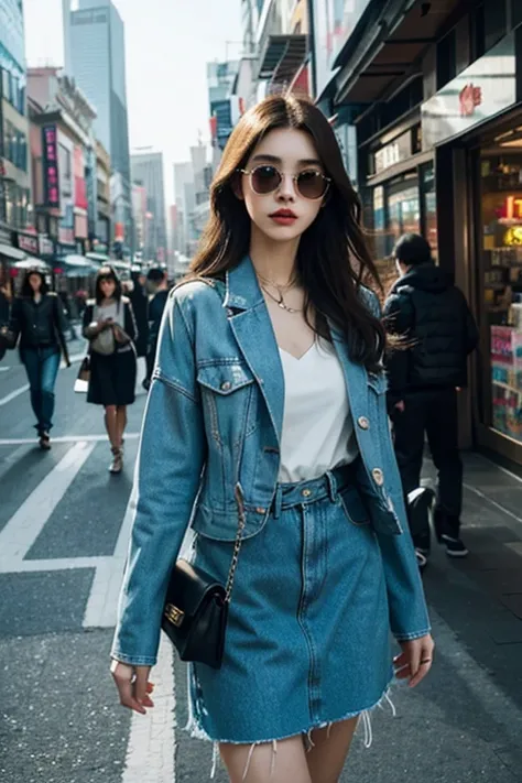 Beautiful city girl with elaborate makeup, Stylish clothes, classy fashion sense, Long straight hair, Bring a stylish handbag, And wear trendy sunglasses, Walk with confidence through the busy streets of Seoul [urbane, Modern, Vibrant]. Her perfect porcela...