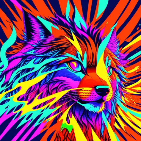 bold neon colors, cartoon style illustration of a long haired Wolf as it sees the world while experiencing hallucinations, stoned, splash art, splashed neon colors, (iridiscent glowy smoke) ((motion effects)), best quality, wallpaper art, UHD, centered ima...