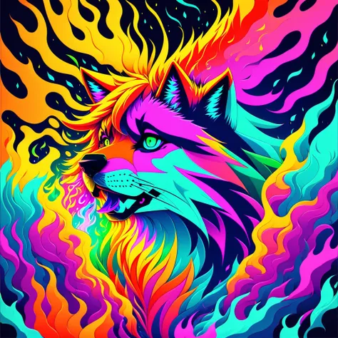 bold neon colors, cartoon style illustration of a long haired Wolf as it sees the world while experiencing hallucinations, stoned, splash art, splashed neon colors, (iridiscent glowy smoke) ((motion effects)), best quality, wallpaper art, UHD, centered ima...