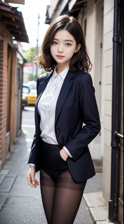 ulzzang -6500-v1.1, (Raw photo:1.2), (Photorealsitic), (Real:1.4), １girl with、Very pretty girl、21years old、game_nffsw,  Ocean Blue Eyes(eye detailed), Smile of shame、(strict suit fashion:1.3)、Doing work、(Ultra-realistic pantyhose:1.2), Curly hair、realistic...