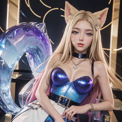 Beautiful girl ,18 years old, blond,wearing  k/da ahri skin in  cosplay event