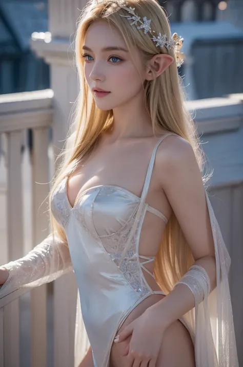 Elven beauty, large bust, slender figure, slitted blue eyes, Christmas costume, standing on church roof, ideal proportions, only one person, full body portrait, semi-long blonde hair, gently smiling, full body photo, ultra realistic. Realistic capture, hig...