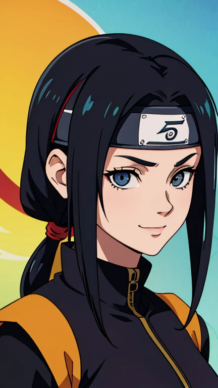 Naruto Shippuden anime screencap of one adult girl, Ninja of Konoha Village, wearing Konoha headband, with with black hair, hair lenght until bust, straight hair, hair parted in center of head, round face. hairstyle with a center part, that the hair should...