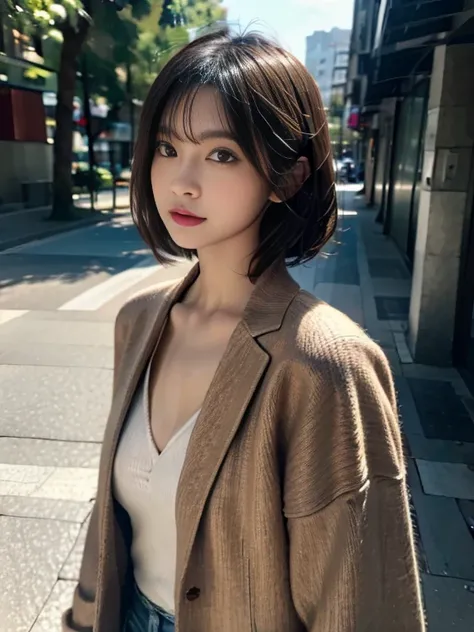 Wolfcut Women，Beautuful Women，Stroll through the business district、Portrait of a woman in a coat, top-quality、hyper HD、奈良美智, Japanese Models, Beautiful Japan Girl, With short hair, 27-year-old female model, 4 k ], 4K], 27yo, sakimichan, sakimichan