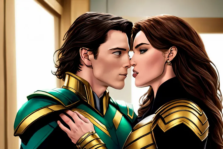 Owen Wilson  as Mobius from the Loki series kiss a Woman with brown hair. Realistic