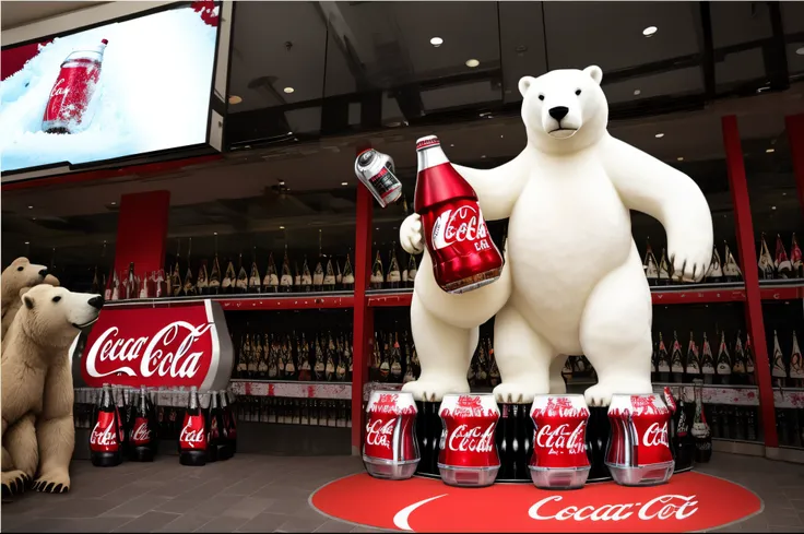 Araf polar bear statue holding a bottle of coke, cool marketing photos, camel head coca cola, drinking a bottle of coca-cola, coca cola bottle, Photographed by Nikon D 3 2 0 0, throw a cool party, Surreal, absolutely outstanding image, coka-cola advertisem...