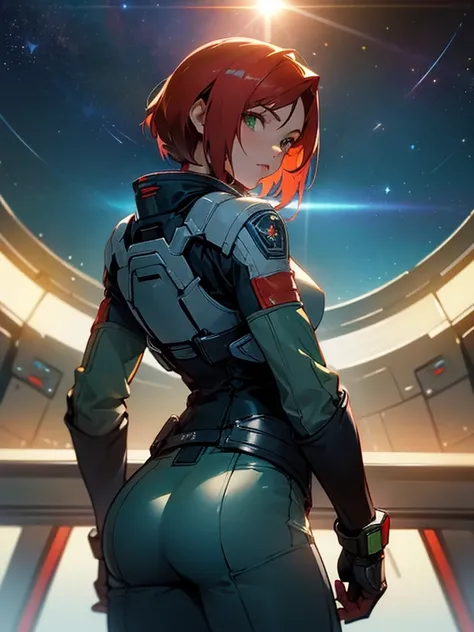 ((Best quality)), inside spacestation, looking out into space, Female shepard from mass effect series, short red hair, pale green eyes, muscular build, wearing casual clothes, leather jacket, open jacket, breast, ass, cleavage, looking out into space, star...