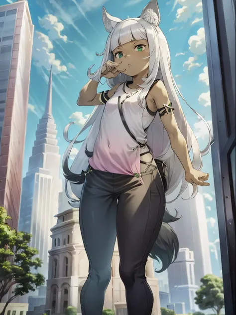 Ochette, 1girl, crowded city, green eyes, giantess, massive, tall, cute, full body picture, buildings, gao, larger than buildings, best quality, pink clothing, buildings nearby, between buildings, taller than skyscrapers, flat ground, standing, ground visi...