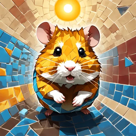 A hamster Adventurer,radiation mosaic:1.2, catch the sun:0.8, like shards of glass，Inject warmth and energy into a space:0.4 Flash and dance.