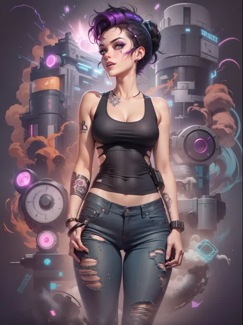 graphic design t-shirt, flat design, futuristic cyberpunk, girl in mix of tones, (ruby rose betty boop abby sciuto rose leslie rosie the riveter)1.2 smiling wistfully, petite nerdy goth chick wearing (tight distressed black jeans)1.4, wearing a (tank top)1...