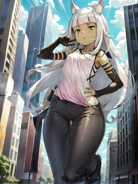 Ochette, 1girl, crowded city, green eyes, giantess, massive, tall, cute, full body picture, buildings, gao, larger than buildings, best quality, pink clothing, buildings nearby, between buildings, taller than skyscrapers, flat ground, standing, ground visi...