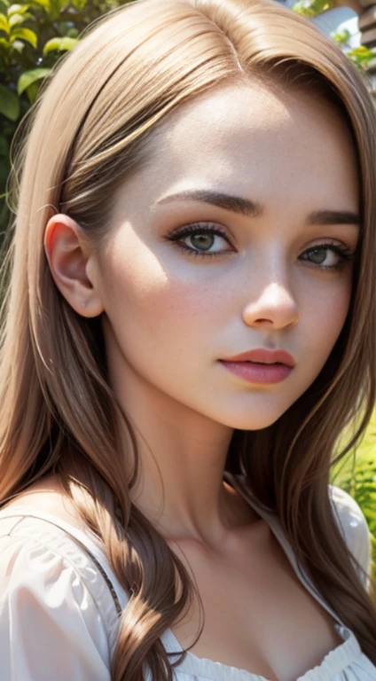 a portrait of a beautiful woman, a closeup of a, The perfect female face, white blouse, summer garden in the background, Sunny day