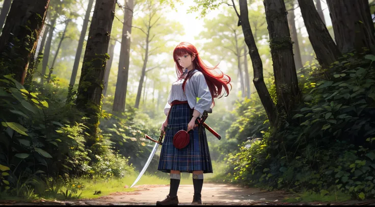 a red-headed girl in traditional Scottish attire holding a sword, stands in a forest