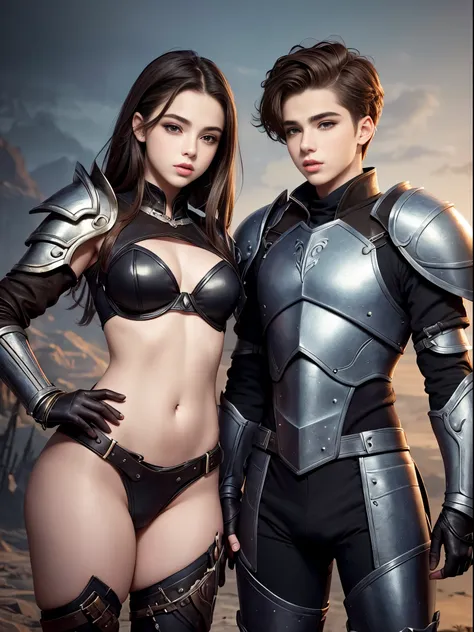 Cute 18 years old boy and girl. Feminine figure. Big lips. Makeup. Androgynous. Optimistic. Leather armor. Fantasy beautiful background. Masterpiece