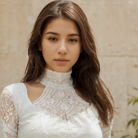 head and shoulders shot, canon, tipic woman pose, a young beautiful latina woman, ((calm and gentle look, balanced eyes)), (white long lace dress high neck), (ultra detailed:1.2), (natural skin texture:1.2), (photorealistic:1.2)