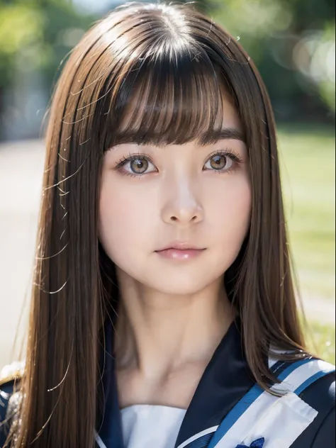 Shiny skin on cheeks on silky skin、Snow-white skin、Luster of skin on the cheeks、Very beautiful and adorable 15 year old girl、((long bangs that extend from between the eyes to the nose,,,,,))、Beautiful cute young woman with golden shiny silky platinum blond...