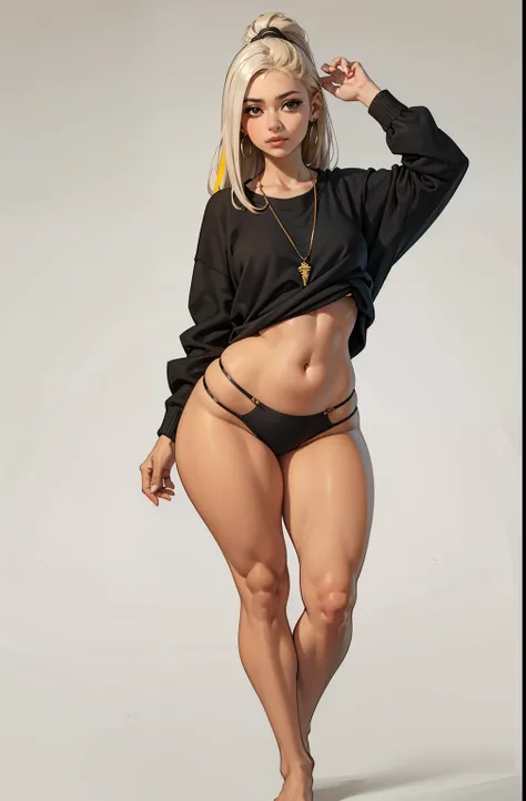 large long sweatshirt, yoga pants, jogging, uma menina, pequena, chubby, brown skin, large body, long blond hair, corpo todo, standing on her feet, studio background, childish appearance, maquiagem, mascara, Lips are soft or colored, fundo preto simples, m...