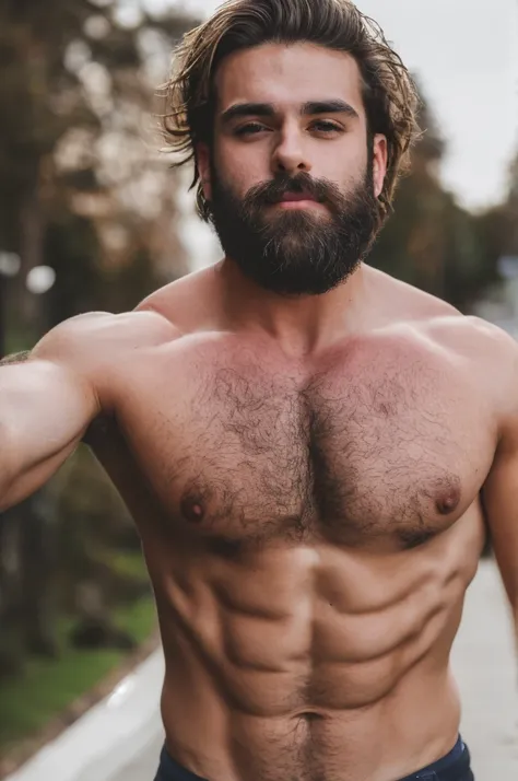 (handsome male), selfie, hairy chest, medium beard, muscular, six pack, natural light, selfie, shot on iphone, candid, ultra-realistic, 8k, overcast