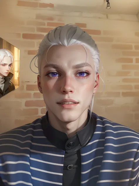 The boy with white hair，Pale skin，The left eye is red and the right eye is purple，fang，ssmile，a black trench coat