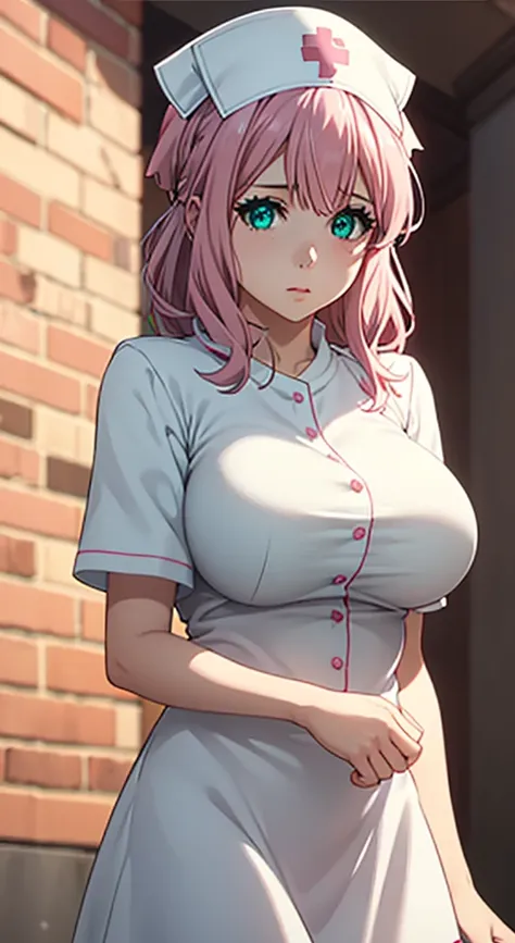 very cute girl, massive sized boobs,half naked ,ultra realistic eyes, nurse dress,short nurse skirt, nurse cap on her head, hosp...