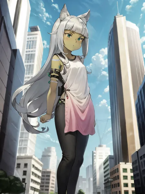 Ochette, 1girl, crowded city, green eyes, giantess, massive, tall, cute, full body picture, buildings, gao, larger than buildings, best quality, pink clothing, buildings nearby, between buildings, taller than skyscrapers, flat ground, standing, ground visi...