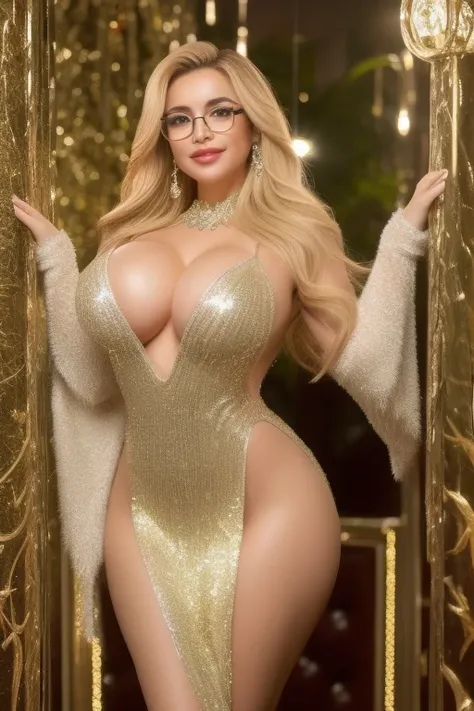 mature brazilian woman 30 yearswoman,blonde long hair,hollywood lips,Transparent combination dress, Shimmering,glittering,cystal ornaments,glasses,luxurybackground,sexy pose,smile,bog green eyes,big breasts,oversized breasts,curvyl body,atractive expressio...