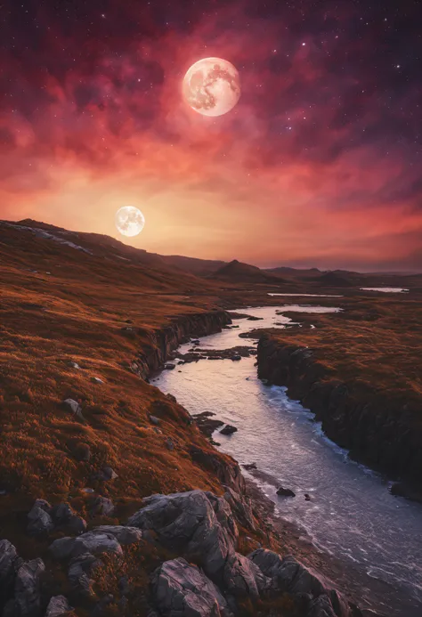 A beautiful and highly textured sunset on the edge of a flalaise, with the moon and galaxy visible. Its very detailed and textured