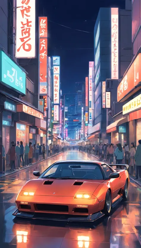 Shibuya, Japan，the night，racing car，black sports car，城市，Buildings，neon，