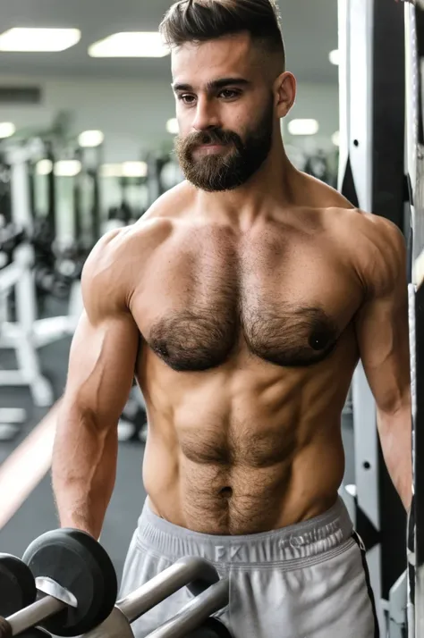 (handsome male in gym), hairy chest, medium beard, fit, muscular, six pack, natural light, candid, ultra-realistic, 8k