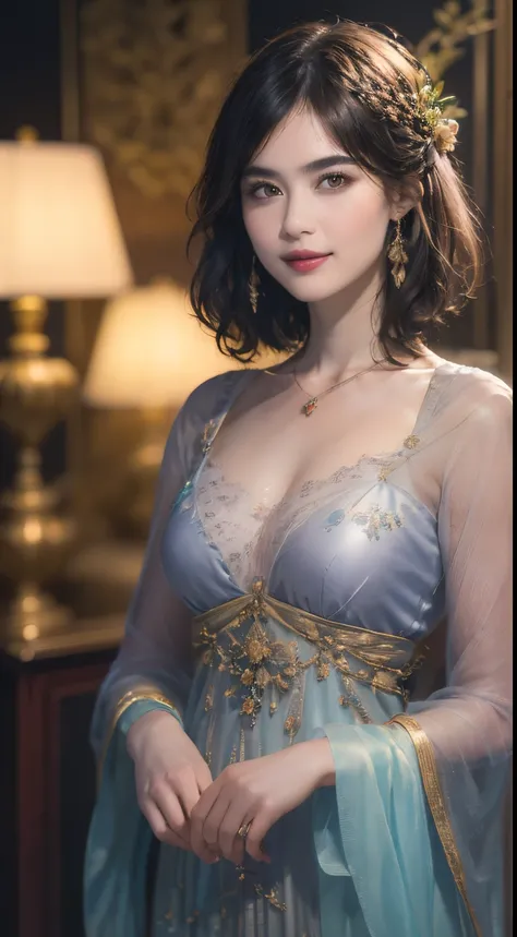 119
(a 20 yo woman,is standing), (A hyper-realistic), (high-level image quality), ((beautiful hairstyle 46)), ((short-hair)), (Gentle smile), (brest:1.1), (lipsticks), (florals), (light and dark), (rembrandt painting), (Luxurious room), (Depth of field is ...