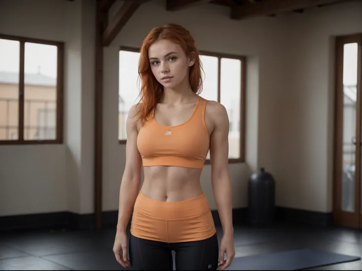 (((masterpiece))), ((one) girl 22 year old) (((Caucasian))) french girl with shoulder length messy  orange hair, she is petite. She is wearing gym top and yoga pants, she facing towards the camera in a well lit gym, taken with, Canon 85mm lens, extreme qua...