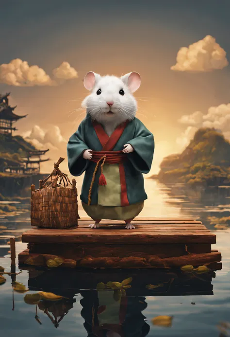 hagi yuan yuan style，scenography, very unified cg design,  (hamster adventurer stands on a broken raft made of wood and rope）， w...