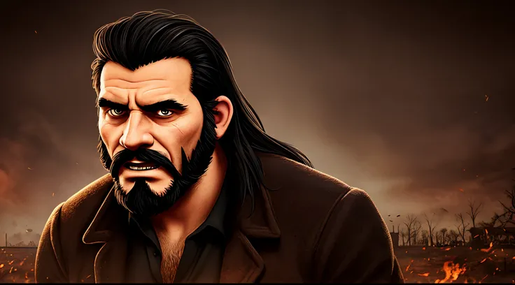 1 Man solo, solo.he has a short black beard and he has black flowing hair. Scary, horror, horror background