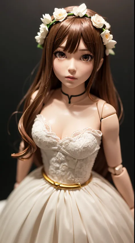 An anime doll, (action figure:1.2), (1girl),stands on a pedestal, young girl,brown eyes,brown wavy hair, detailed face,(long hair),wearing a wedding dress, flower crown on the head, against a clean white background, illuminated by artificial light, front v...