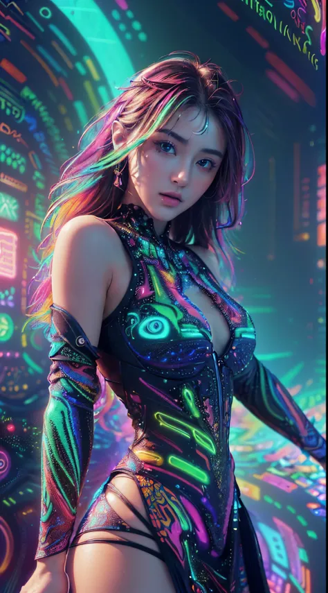 (masterpiece, top quality, best quality, official art, beautiful and aesthetic:1.2), (1girl:1.3), extremely detailed,(fractal art:1.2),colorful,highest detailed,( zentangle neon:1.2), (dynamic pose), (abstract background neon:1.5), (treditional dress:1.2),...