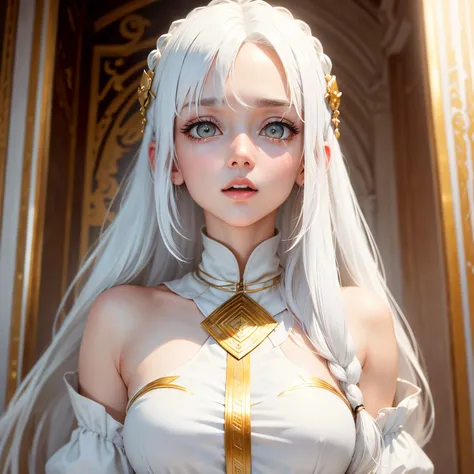 best quality, white hair, gold eyes, white clothes, looking up, upper body, hair strand, Fair skin, She is surprised