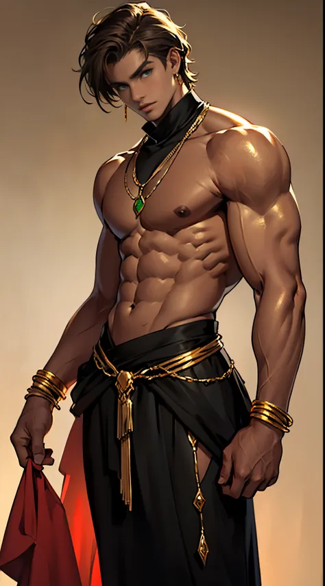 15 year old boy，solid color backdrop，character  design，Conceptual role. brunette color hair, Bronzed skin, green-eyed, Elegant black clothes, golden naked breasts, and red gold jewelry.