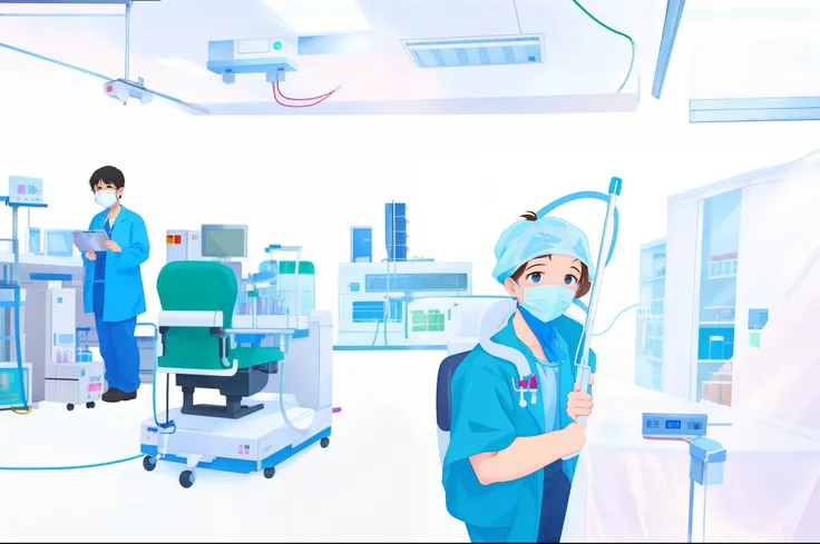 2d flat, doctors in a clean room with computers and other equipment, clean medical environment, medical lab, medical laboratory, medical research facility, operating room, surgical supplies, hospital background, masked doctors, indoor lab scene, laboratory...