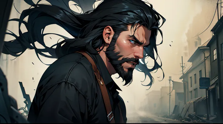 1 Man solo, solo.he has a short black beard and he has black flowing hair. Scary, horror, horror background